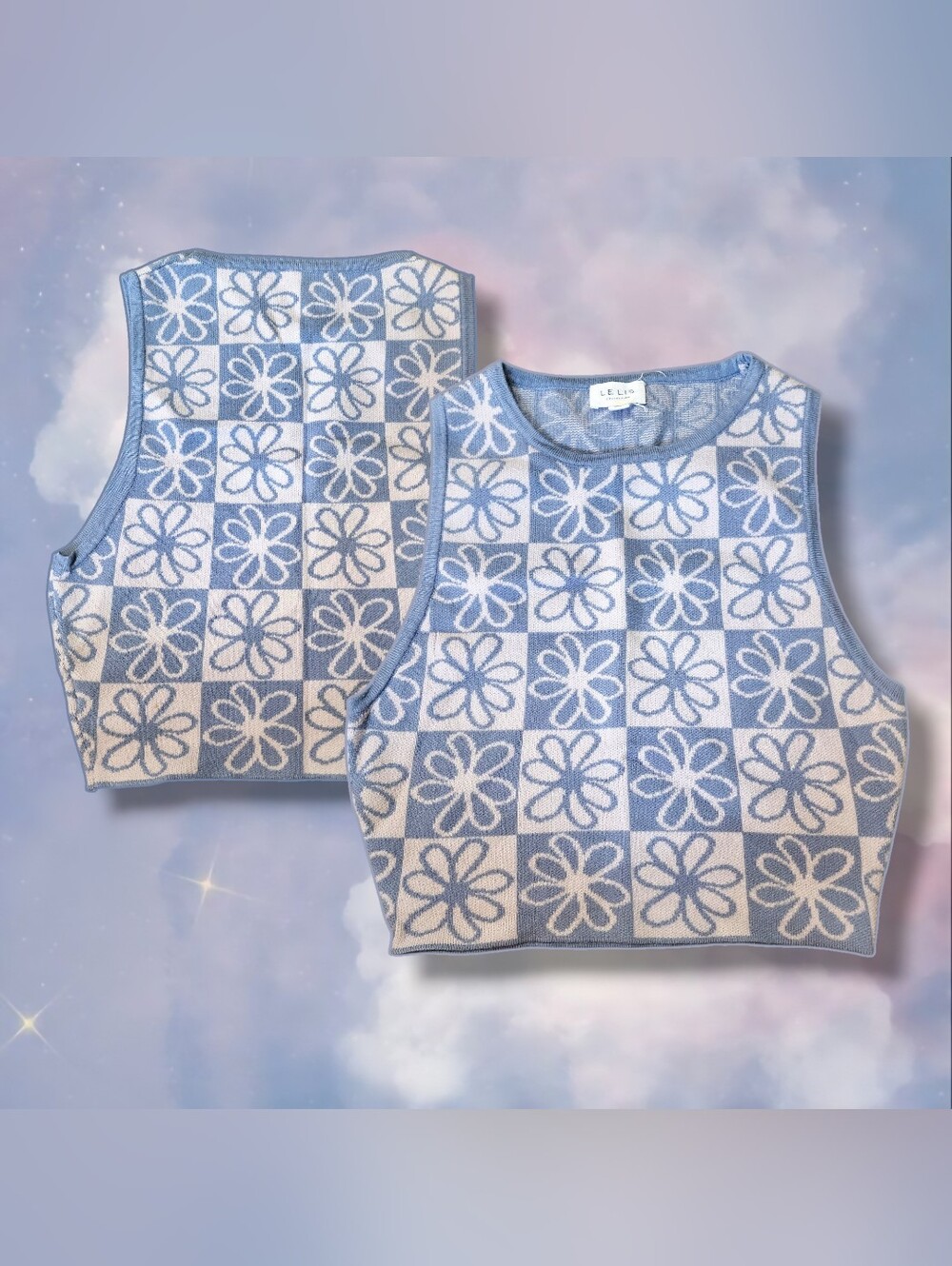 Le Lis Blue and White Floral Checkerboard Knit Tank Top